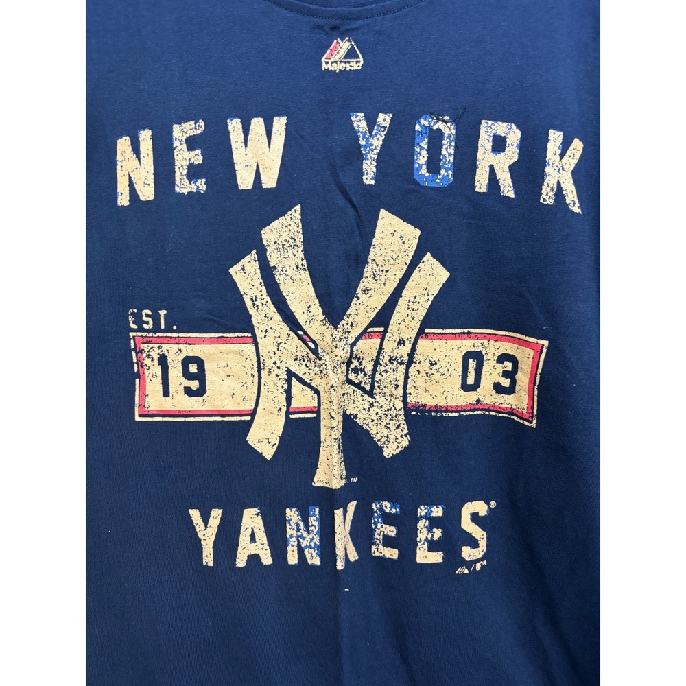 New York Yankees Majestic Mens MLB Shirt Blue Large TALL Cooperstown Graphic New